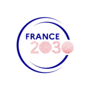 Logo de France 2030, avec un cercle bleu entourant les mots 'FRANCE' en bleu et '2030' en rouge, avec un design linéaire dans les chiffres.